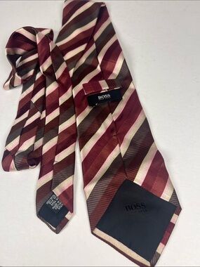 BOSS Burgundy and Pink Striped Silk Tie